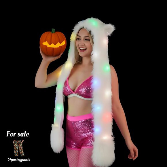 LED Light-Up Faux Fur Spirit Hood w/ Ears & Paw Mittens – White, Festival Rave - Picture 2 of 4